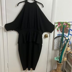 Boohoo | black high neck open shoulder peplum midi dress | us 18